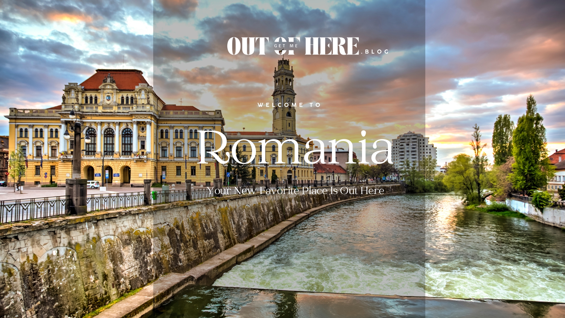 Romania old town city view next to river with old buildings