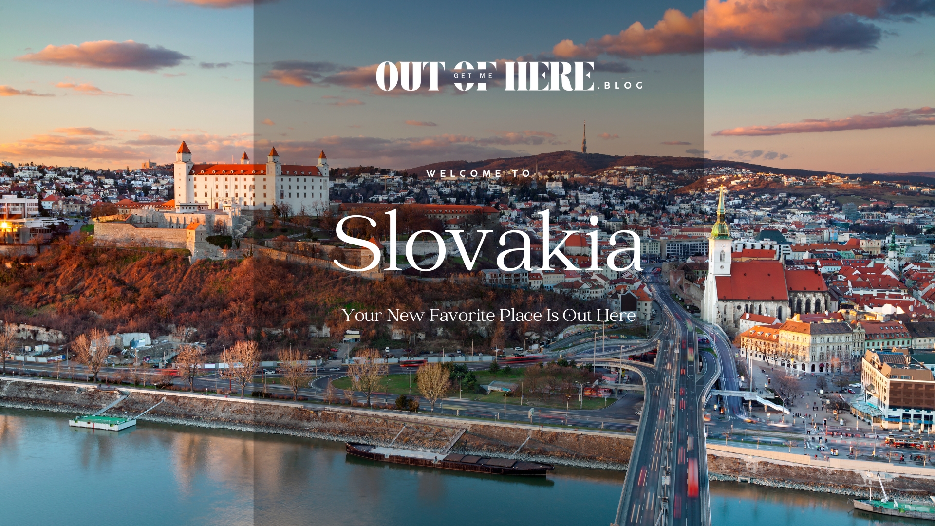 Slovakia city view at sundown with castle, houses, streets and river view