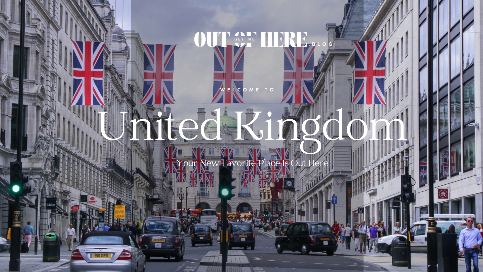 United Kingdom city with people and UK flag banners on a cloudy day