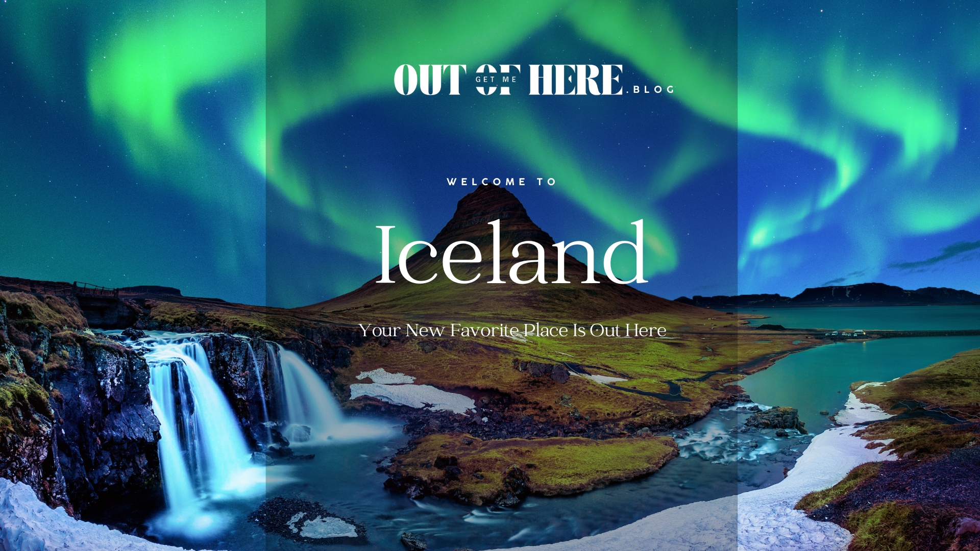 Iceland aurora over waterfall, river and lake scenery